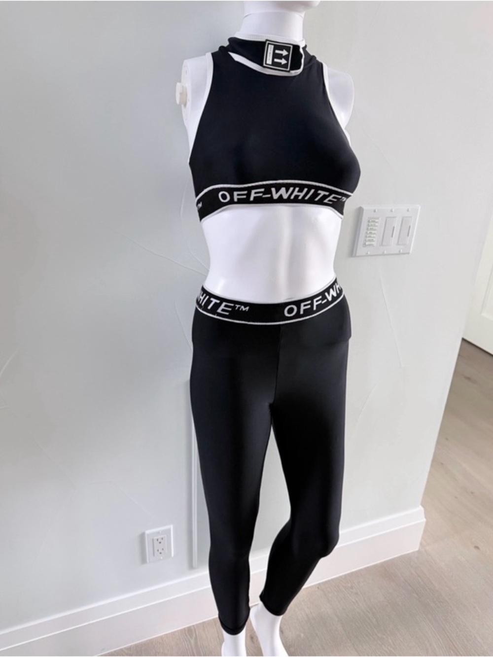 Off-White Black Ribbed Crop Halter with White Logo Trim and Leggins S no tags - Picture 7 of 12